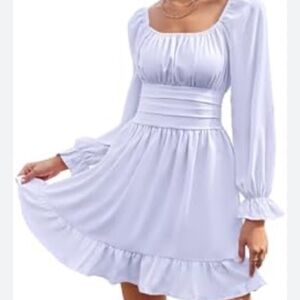 Purple Ruched Square Neck Bishop Sleeve Dress